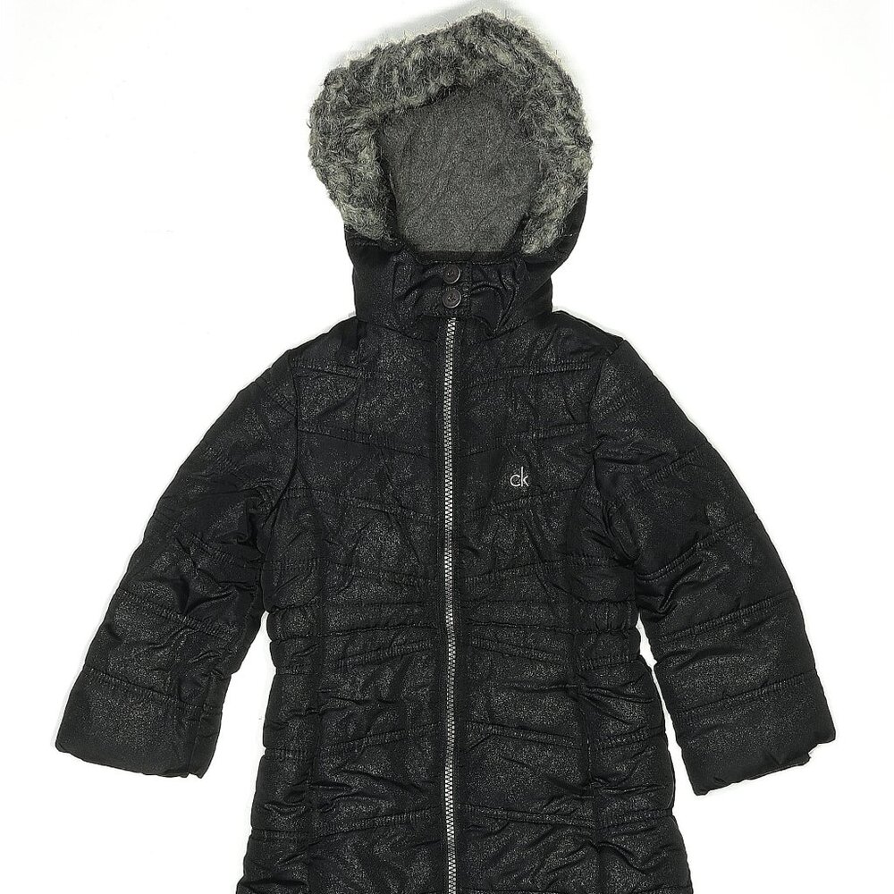 Calvin Klein Jeans Black Glitter Coat 3T – Faux Fur Hood – Very Good Condition